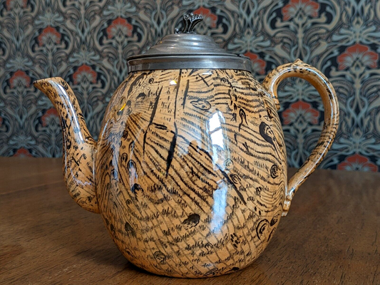 Antique Early 19th Century Staffordshire Transfer Slipware Ceramic Pewter Teapot