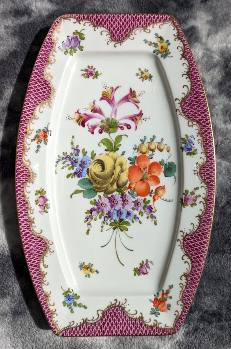Antique German Dresden Hand Painted Floral Porcelain Plate Tray Platter - 28 cm