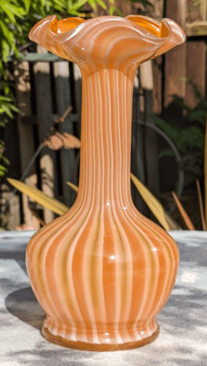 Mid Century Murano Italian Vintage Candy Striped Orange White Glass Vase - 23 cm - Tommy's Treasure