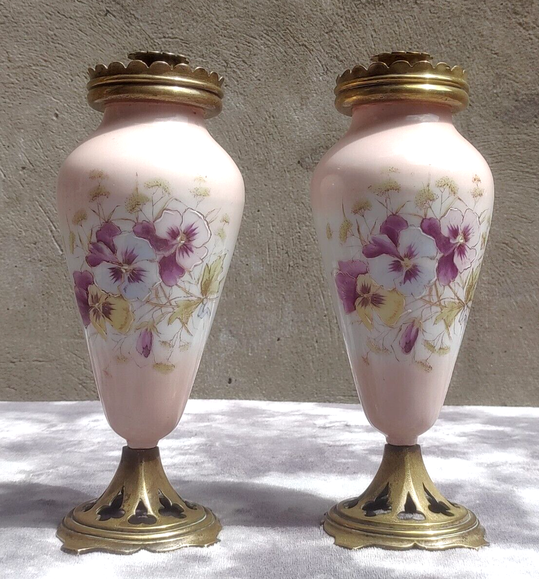 Antique Pair of 19th Century William Tonks & Sons Brass Ceramic Candlestick Holders