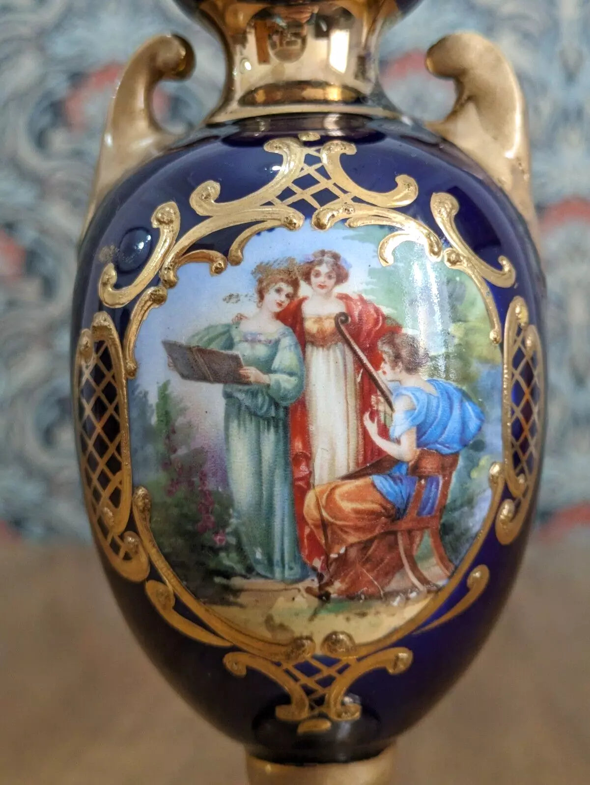 20th Century Austrian Hand Painted Cobalt Ceramic Urn Vase Antique Josef Strnact