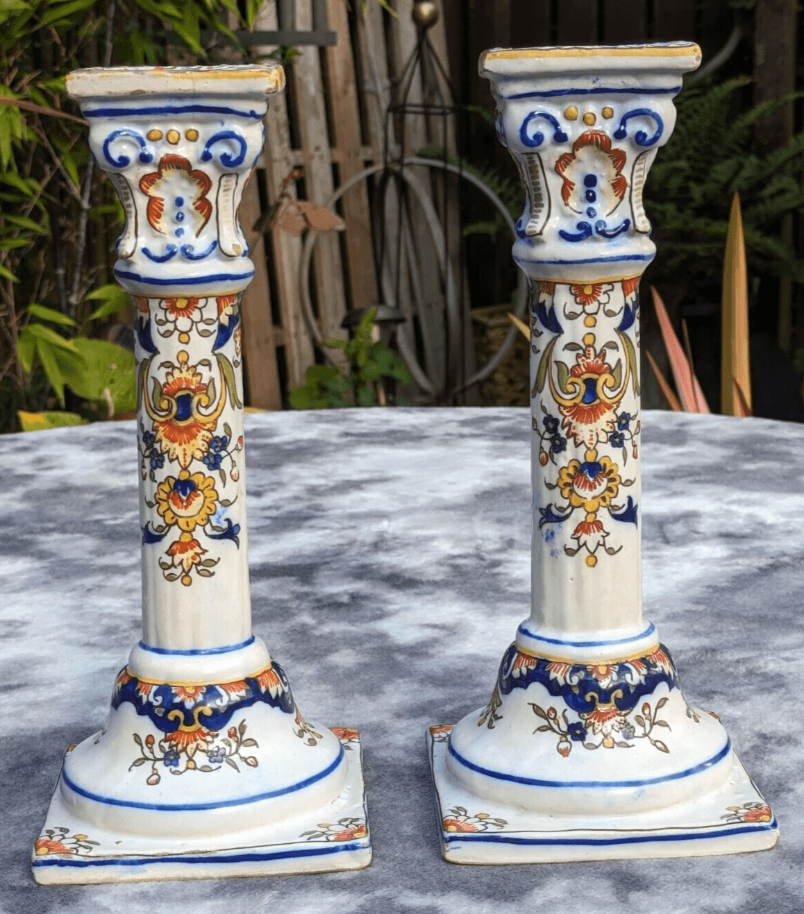 19th Century Pair of French Desvres Rouen Faience Antique Pottery Candlestick Holders - Tommy's Treasure