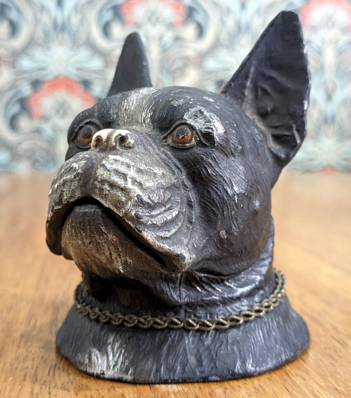 19th Century Cold Painted Spelter French Bull Dog Inkwell Collar Novelty Antique