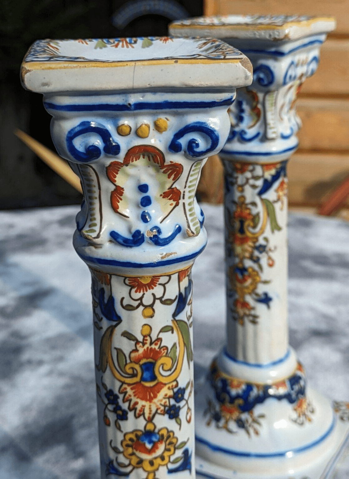19th Century Pair of French Desvres Rouen Faience Antique Pottery Candlestick Holders - Tommy's Treasure