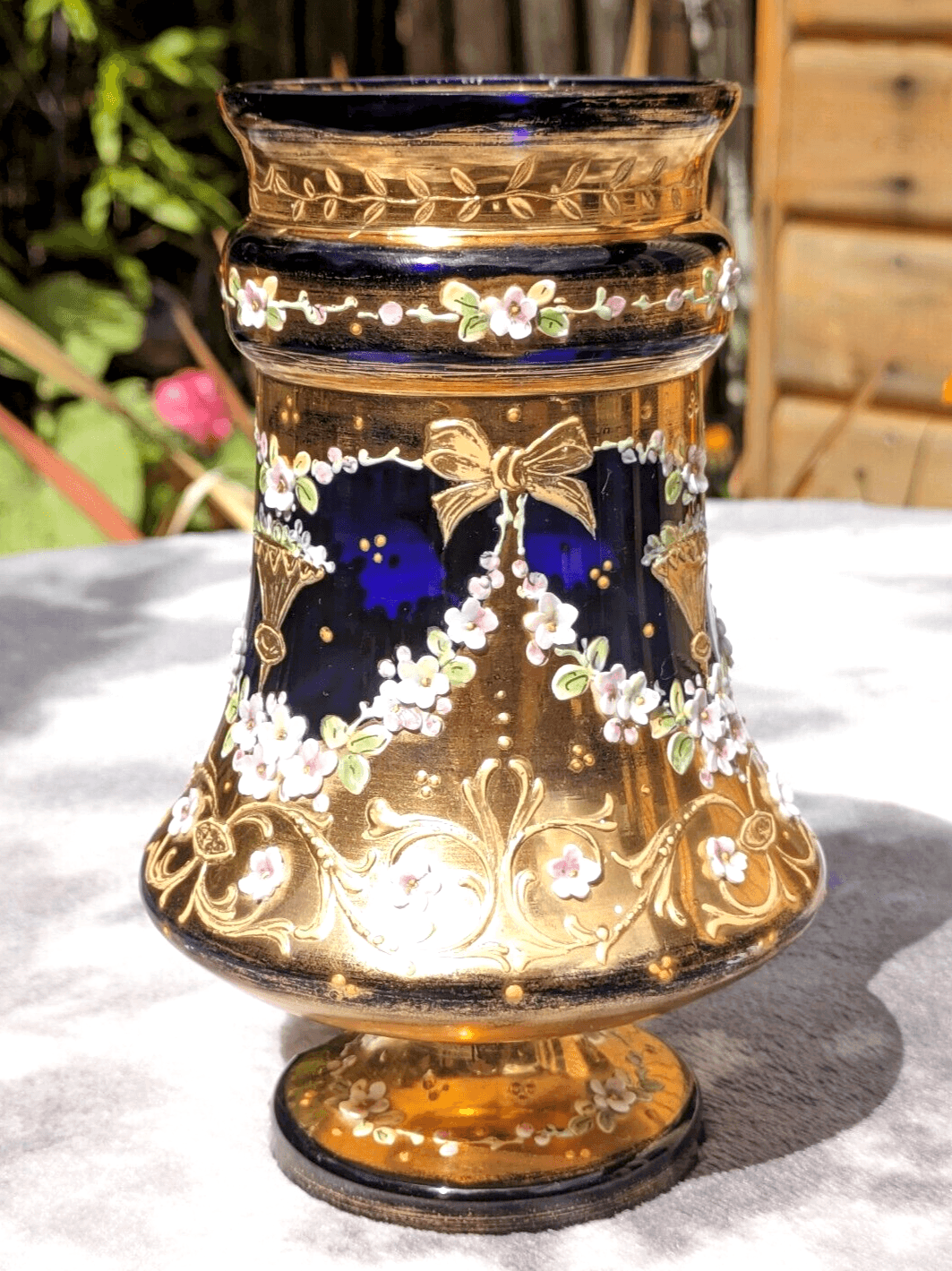 Vintage Czech Cobalt Blue Gilt Bohemian Glass Vase Hand Painted Enameled Flowers - Tommy's Treasure