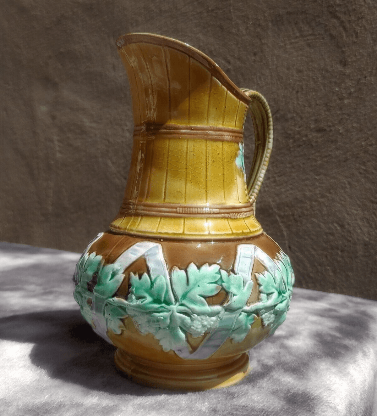 Antique Majolica Ceramic Pottery Ribbons & Blossom Barrel Jug - Tommy's Treasure