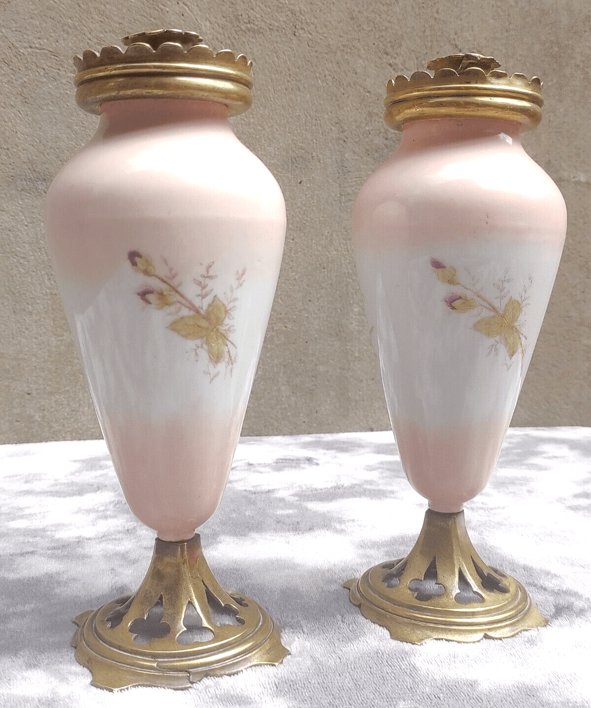 Antique Pair of 19th Century William Tonks & Sons Brass Ceramic Candlestick Holders - Tommy's Treasure