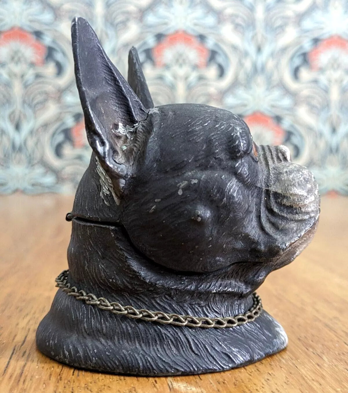 19th Century Cold Painted Spelter French Bull Dog Inkwell Collar Novelty Antique