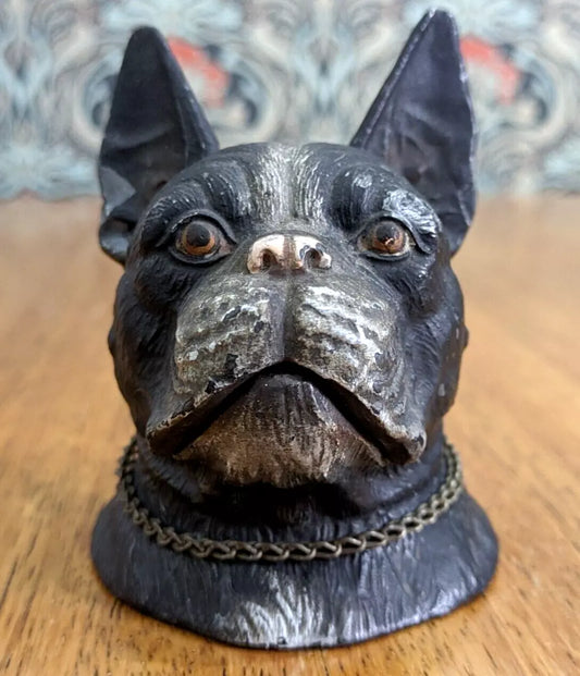 19th Century Cold Painted Spelter French Bull Dog Inkwell Collar Novelty Antique