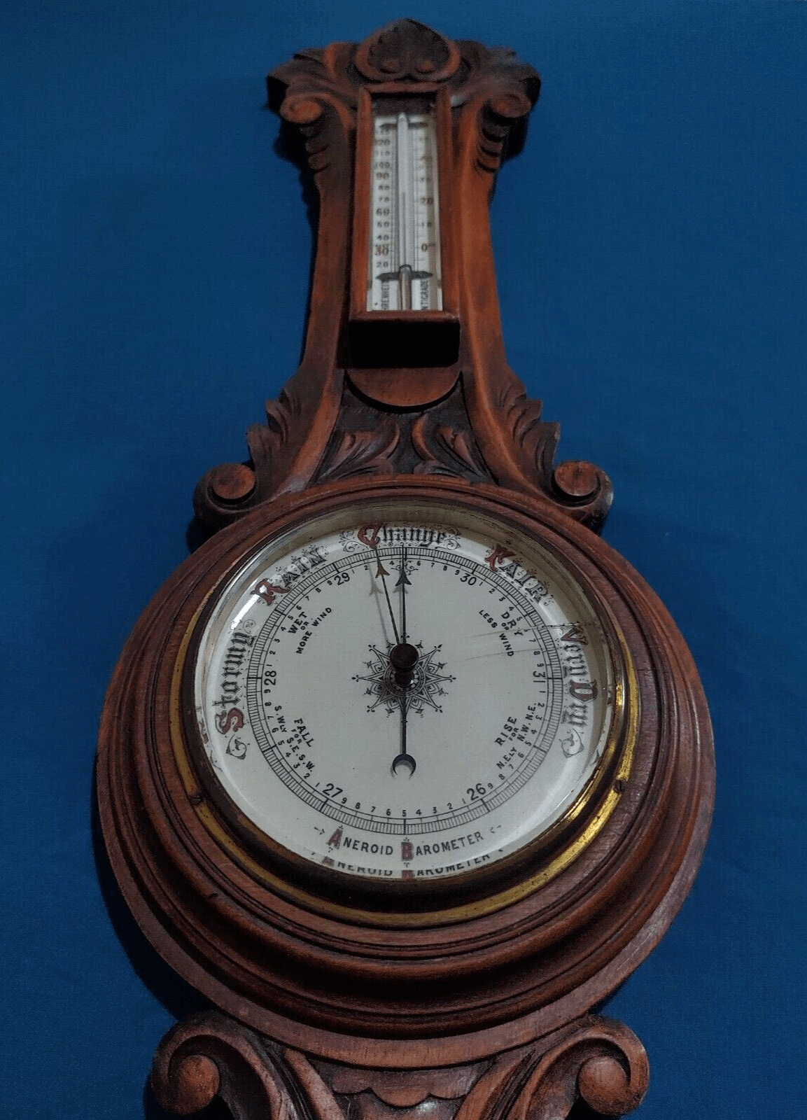 19th Century Carved Oak Aneroid Barometer Thermometer Antique Victorian - Tommy's Treasure