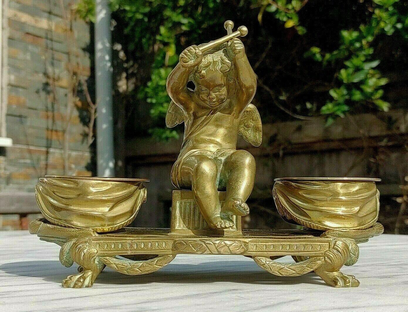 19th Century French Gilt Bronze Antique Cupid Putto Cherub Playing Drums Inkwell - Tommy's Treasure