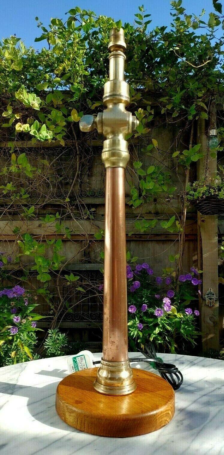 Vintage Fire Hose Table Lamp Copper Brass & Art Deco Opalescent Glass Shade - Tommy's Treasure
