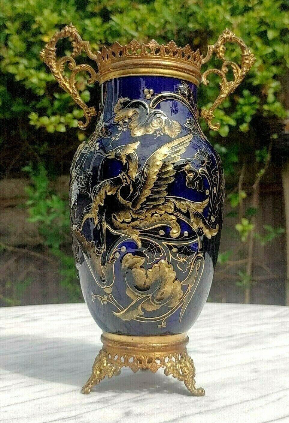 19th Century French Cobalt & Bronze Ormolu Mounted Ceramic Griffin Vase - Tommy's Treasure