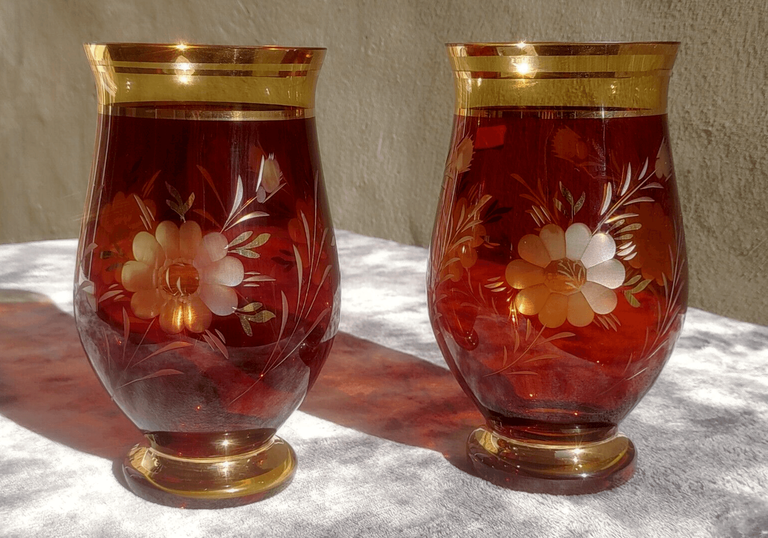 Egermann Bohemian Czech Etched Amber to Clear Glass Crystal & Gilt Vases - Tommy's Treasure