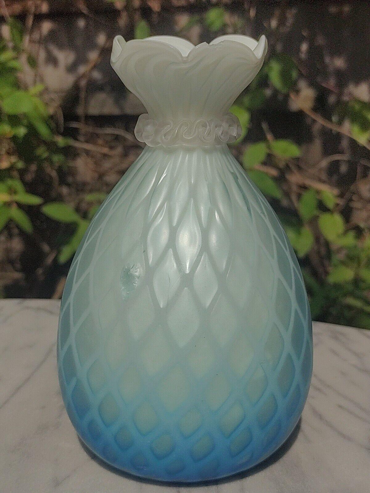 English Victorian Cased Blue Mother of Pearl Diamond Quilted Satin Glass Vase - Tommy's Treasure