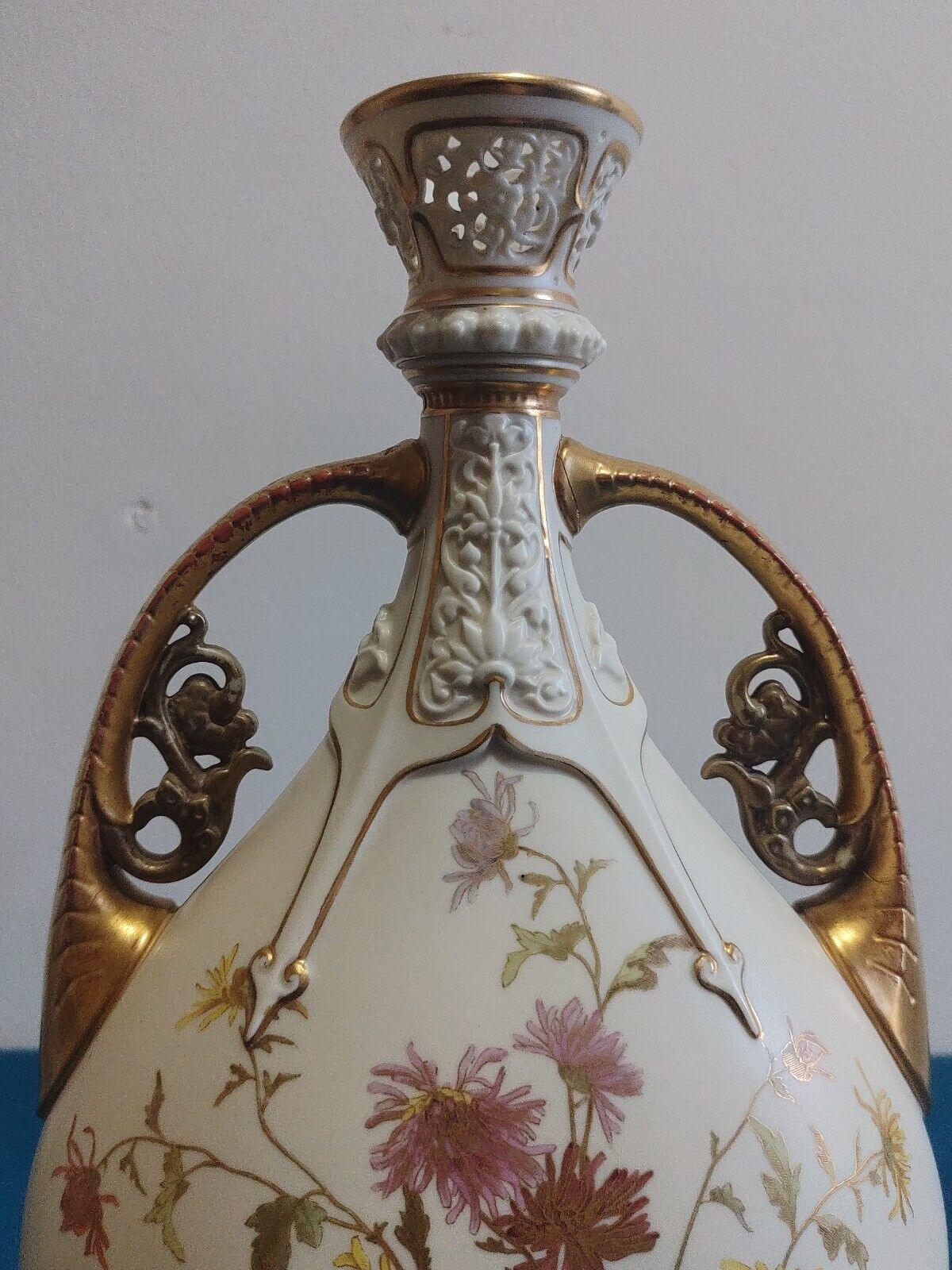 Antique Royal Worcester Twin Handled Ivory Vase Hand Gilded & Painted Porcelain - Tommy's Treasure