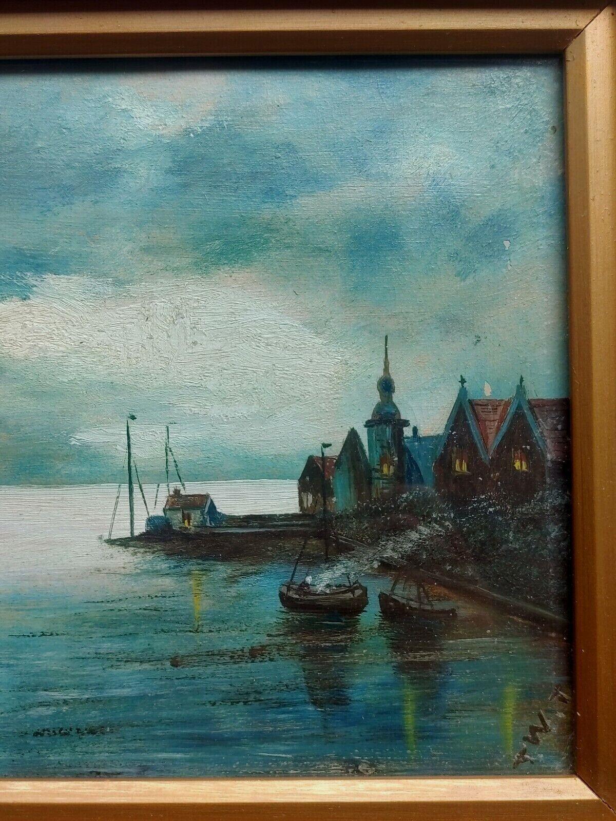 Pair of Antique Maritime Fishing Boat & Harbour Oil on Board Signed Paintings - Tommy's Treasure