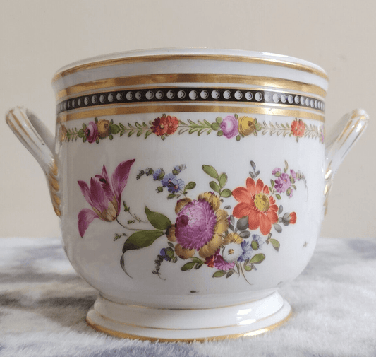 Antique Dresden German Porcelain Handpainted Flowers Jardiniere Cachepot Planter - Tommy's Treasure