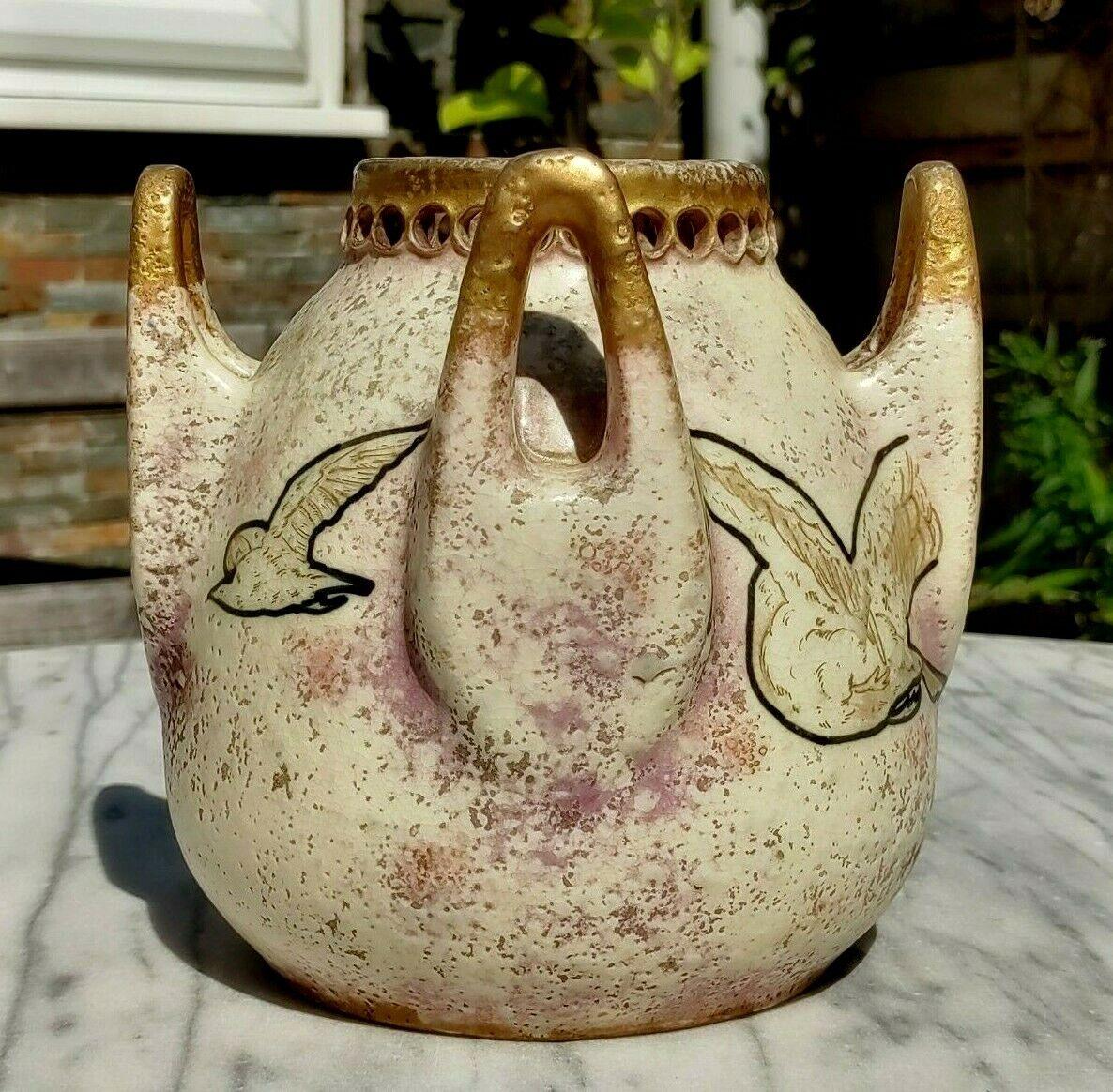 c.1900 Austrian Amphora Teplitz Pottery Enamelled Gull Vase Antique Art Nouveau - Tommy's Treasure