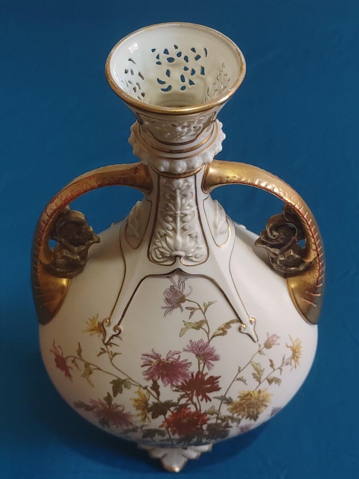 Antique Royal Worcester Twin Handled Ivory Vase Hand Gilded & Painted Porcelain - Tommy's Treasure