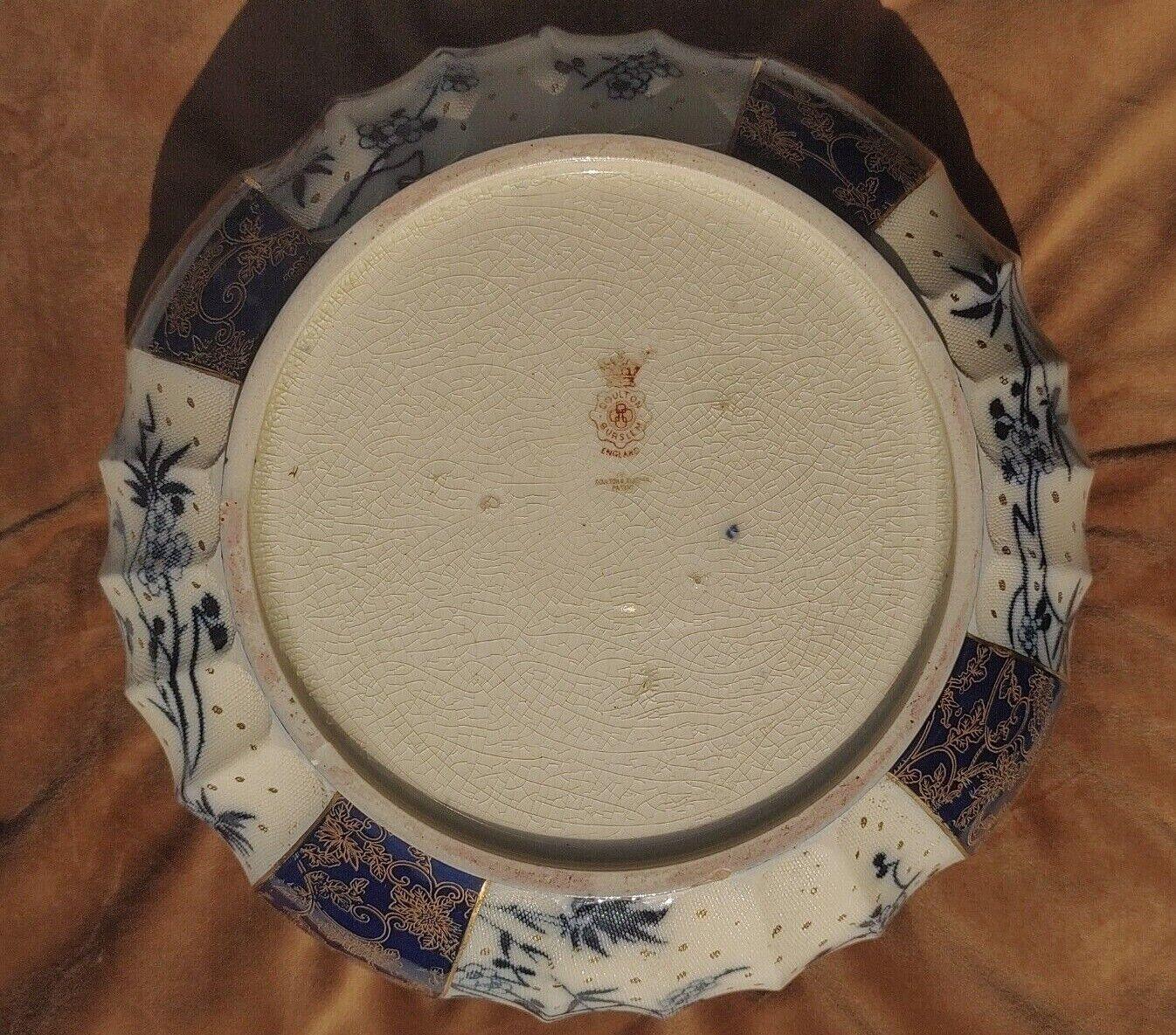 Doulton Burslem Flow Blue and White Salad Bowl Gilt Silver Plated 10" - Tommy's Treasure