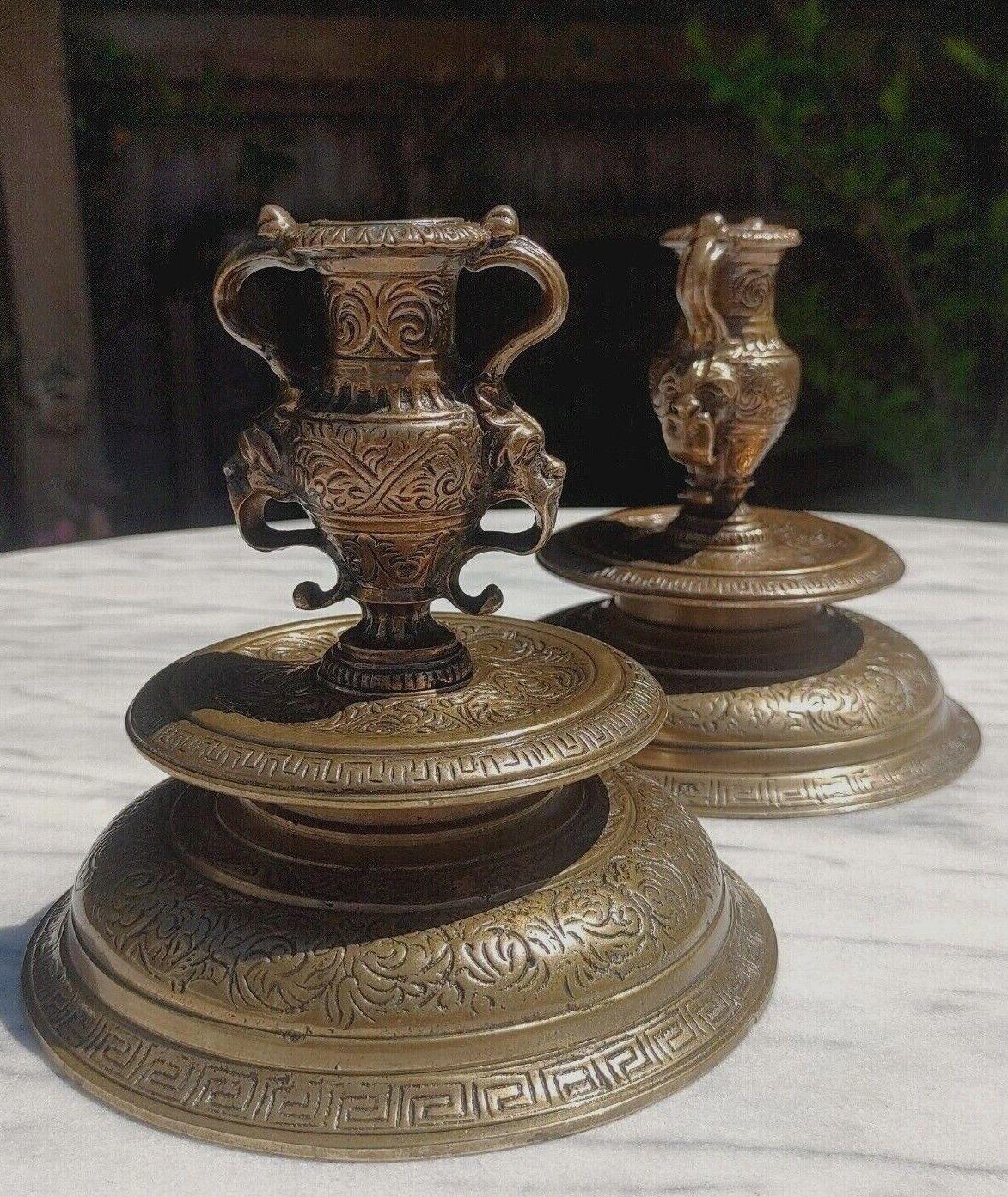 Pair of French Neoclassical Renaissance Style 19th Century Bronze Urn Candlestick Holders - Tommy's Treasure
