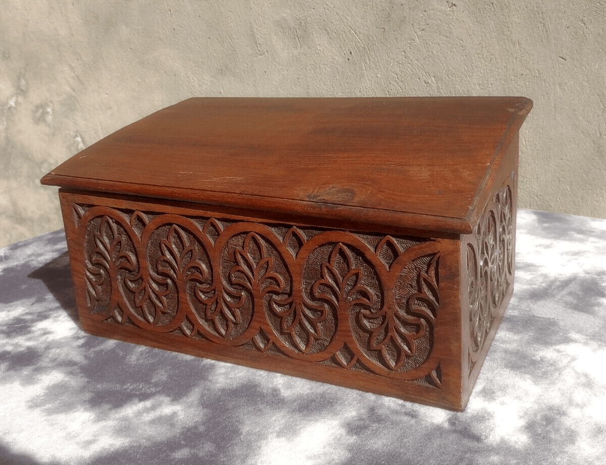 English Antique Carved Strapwork Mahogany Desk Bible Candle Box - Tommy's Treasure