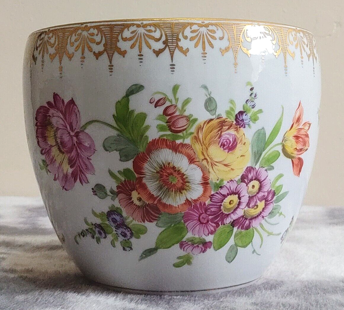 c.1890 Dresden German Porcelain Hand Painted Flowers Antique Jardiniere Plant Pot