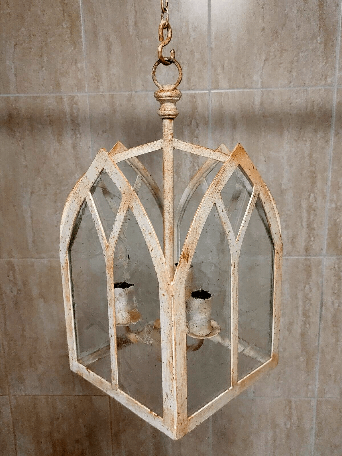 20th Century Gothic Revival Church Window Hanging Ceiling Lantern Light Pendant Glass & Metal - Tommy's Treasure