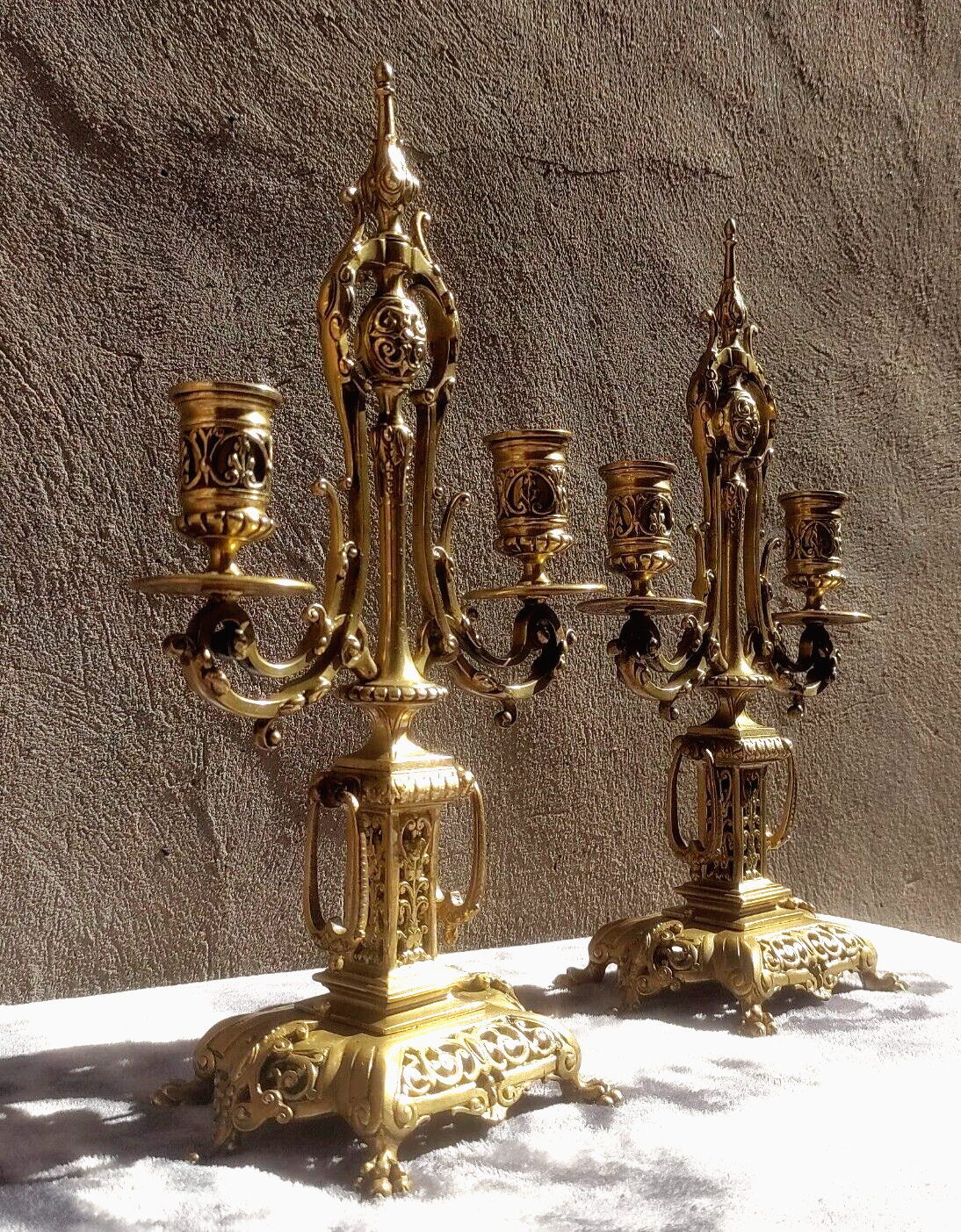 Pair of Ornate Victorian Antique Brass Candelabra Twin Candlestick Holders 36 cm