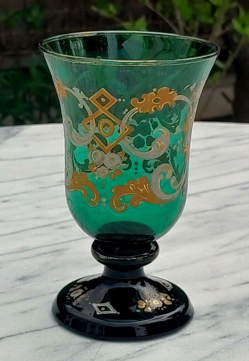 19th Bohemian Czech Hand Painted Enamel & Gilt Green Blown Glass Goblet - Tommy's Treasure