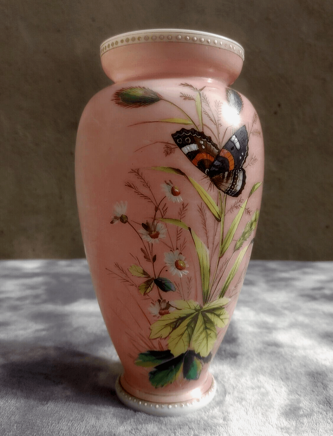 Bohemian Harrach 19th Century Antique Enamel Butterfly Pink Opaline Glass Vase - Tommy's Treasure