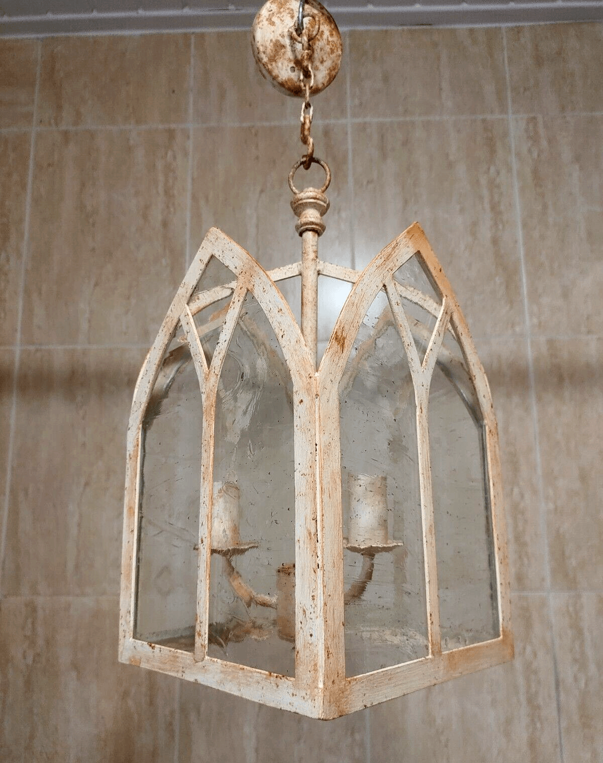 20th Century Gothic Revival Church Window Hanging Ceiling Lantern Light Pendant Glass & Metal - Tommy's Treasure