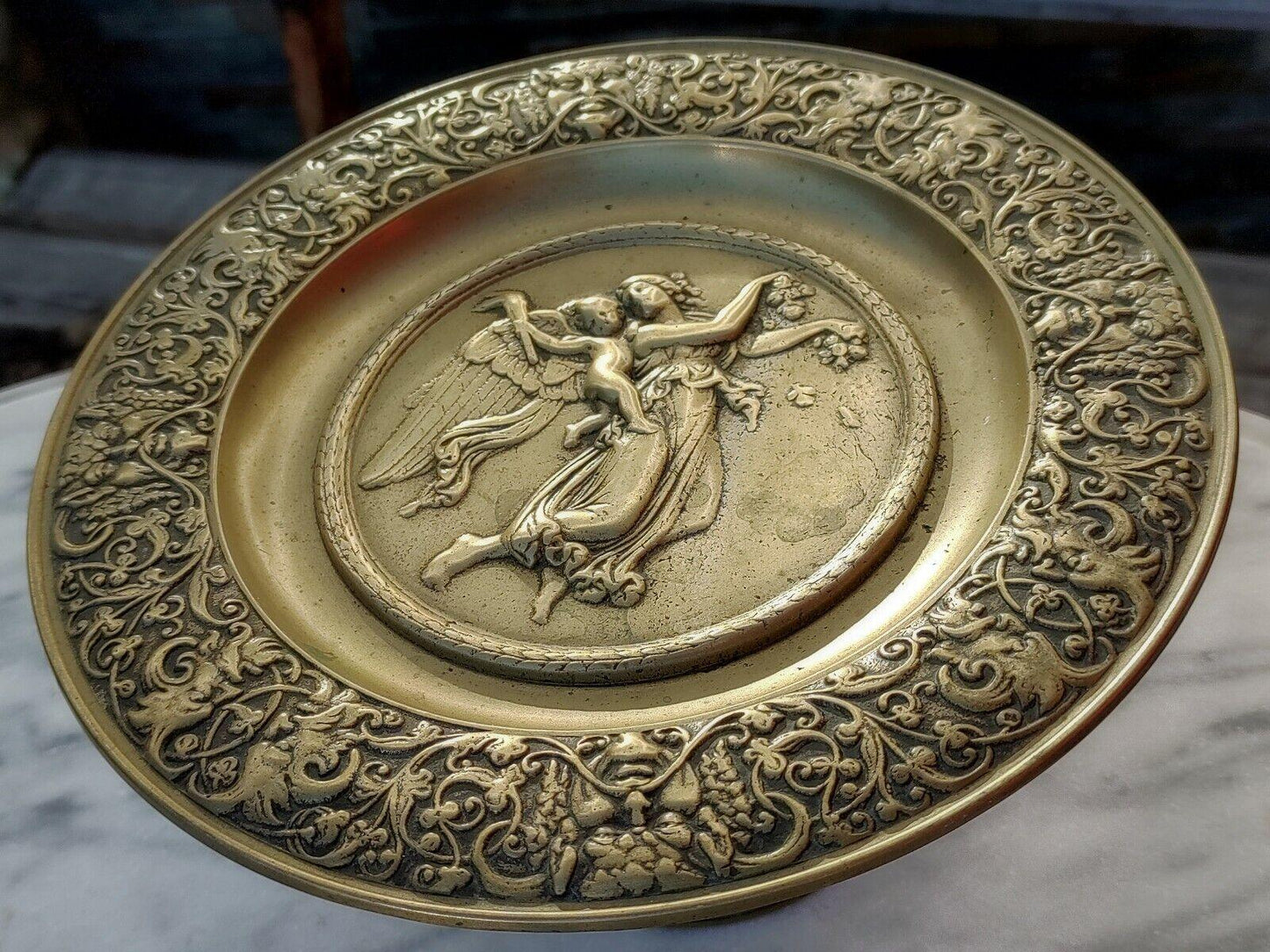German 19th Century Antique Brass Tazza Dish Cherub Angel Bacchus - Musterschutz - Tommy's Treasure