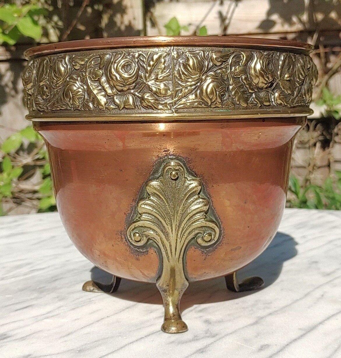 Antique Art Nouveau Copper & Brass Floral Repousse Jardiniere Footed Planter - Tommy's Treasure
