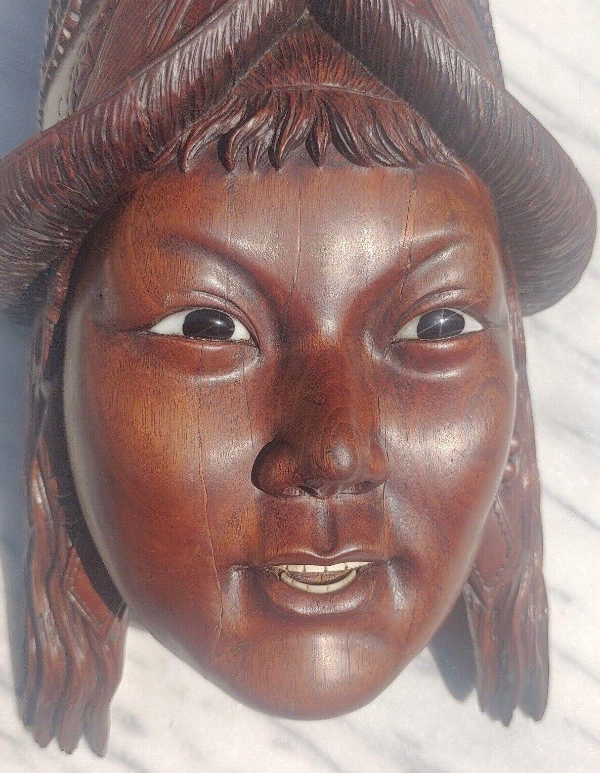 Antique Chinese Hand Carved Rosewood Inlaid Woman Empress Face Mask Sculpture - Tommy's Treasure