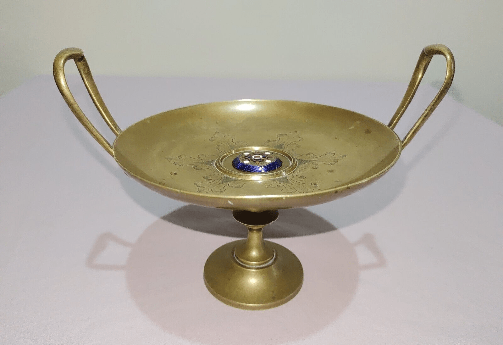 19th Century Arts & Crafts Brass Enamelled Tazza Pedestal Compote Dish - Tommy's Treasure