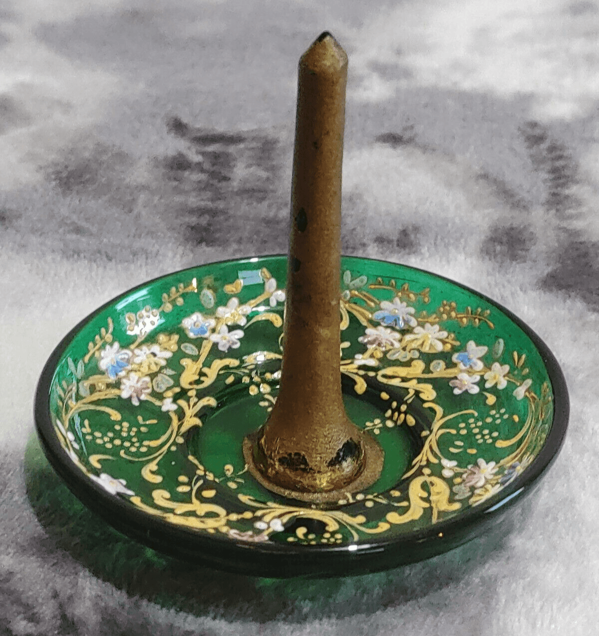 Antique Bohemian Czech Moser Green Glass Enamel Jewellery Ring Stand Holder - Tommy's Treasure