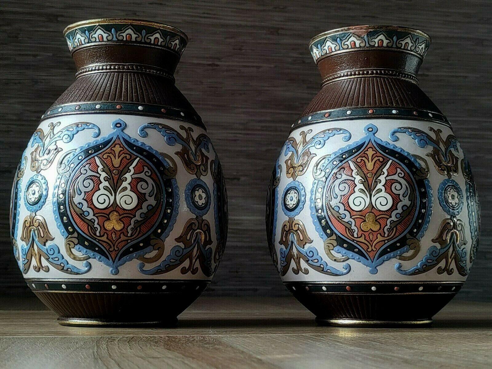 c.1900 Pair of Villeroy & Boch German Mettlach Antique Pottery Enamel Vases #1829 - Tommy's Treasure