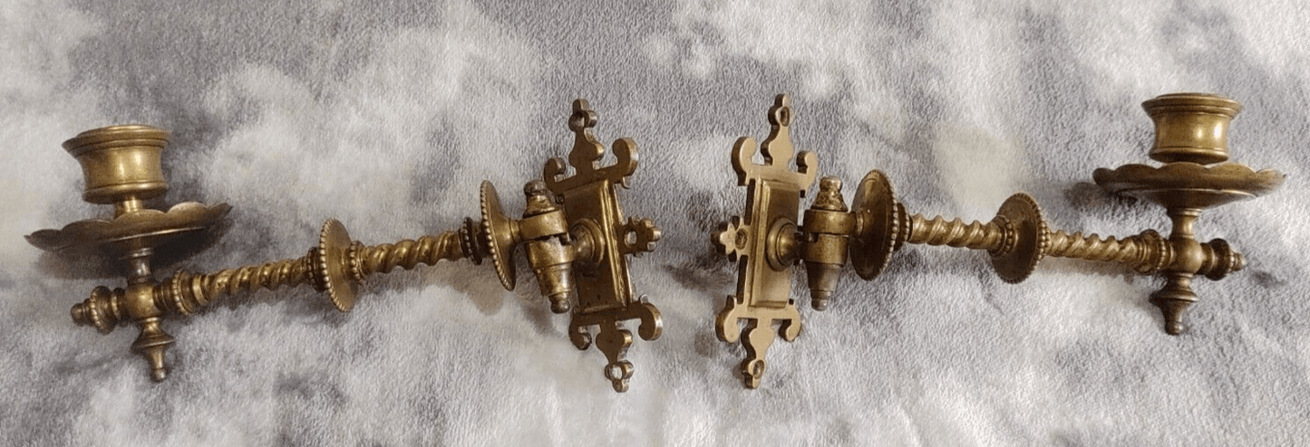 Pair of Antique Gothic Revival Brass Barley Twist Piano Candle Holder Wall Sconces - Tommy's Treasure
