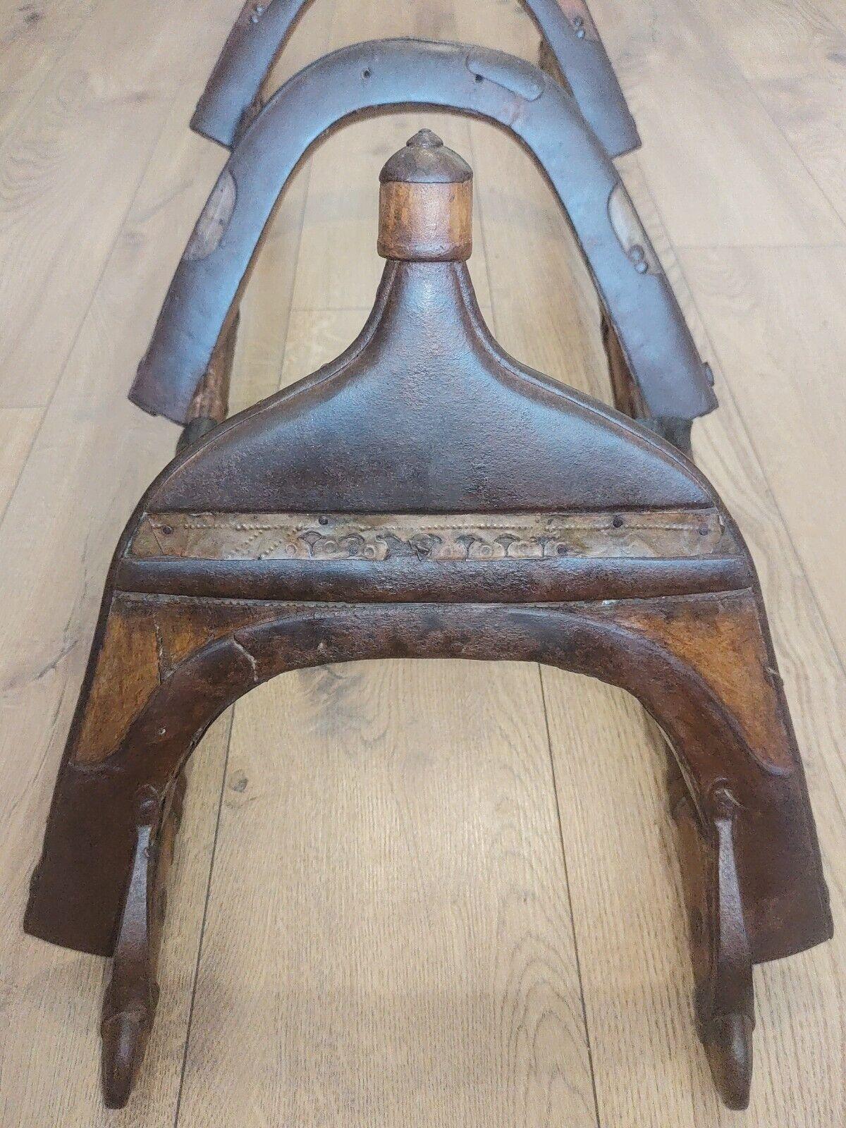 Early 19th Century Indian Wood Iron Brass Dromedaries Camel Saddle Seat - Tommy's Treasure