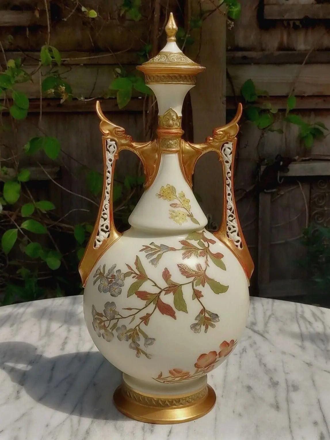 Large 1888 Aesthetic Movement Royal Worcester Ivory Vase & Cover Reticulated Dragon Handles - Tommy's Treasure