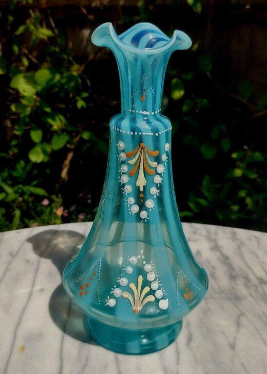 Victorian Opalescent Candy Stripe Rib Hand Enamelled Blue Glass Vase 10" - Tommy's Treasure