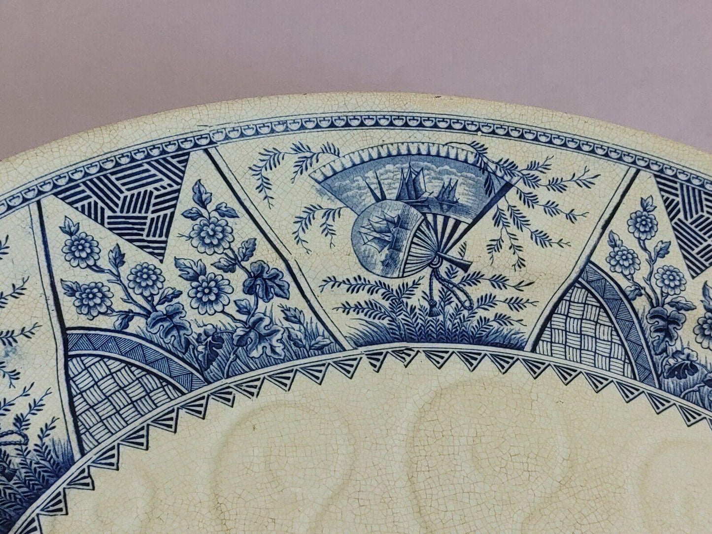 Antique 19th C. Old Hall Pottery Aestheticism Blue White Ceramic Meat Plate 54cm - Tommy's Treasure