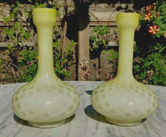 Antique Victorian Pair of Diamond Quilted Yellow & White Blown Satin Glass Vases - Tommy's Treasure