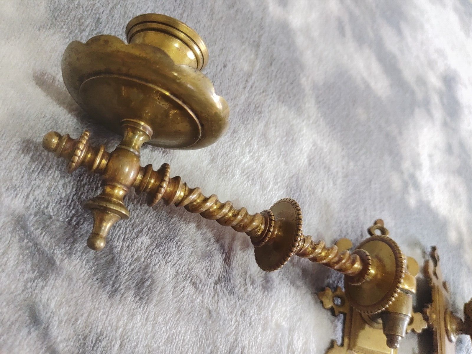 Pair of Antique Gothic Revival Brass Barley Twist Piano Candle Holder Wall Sconces
