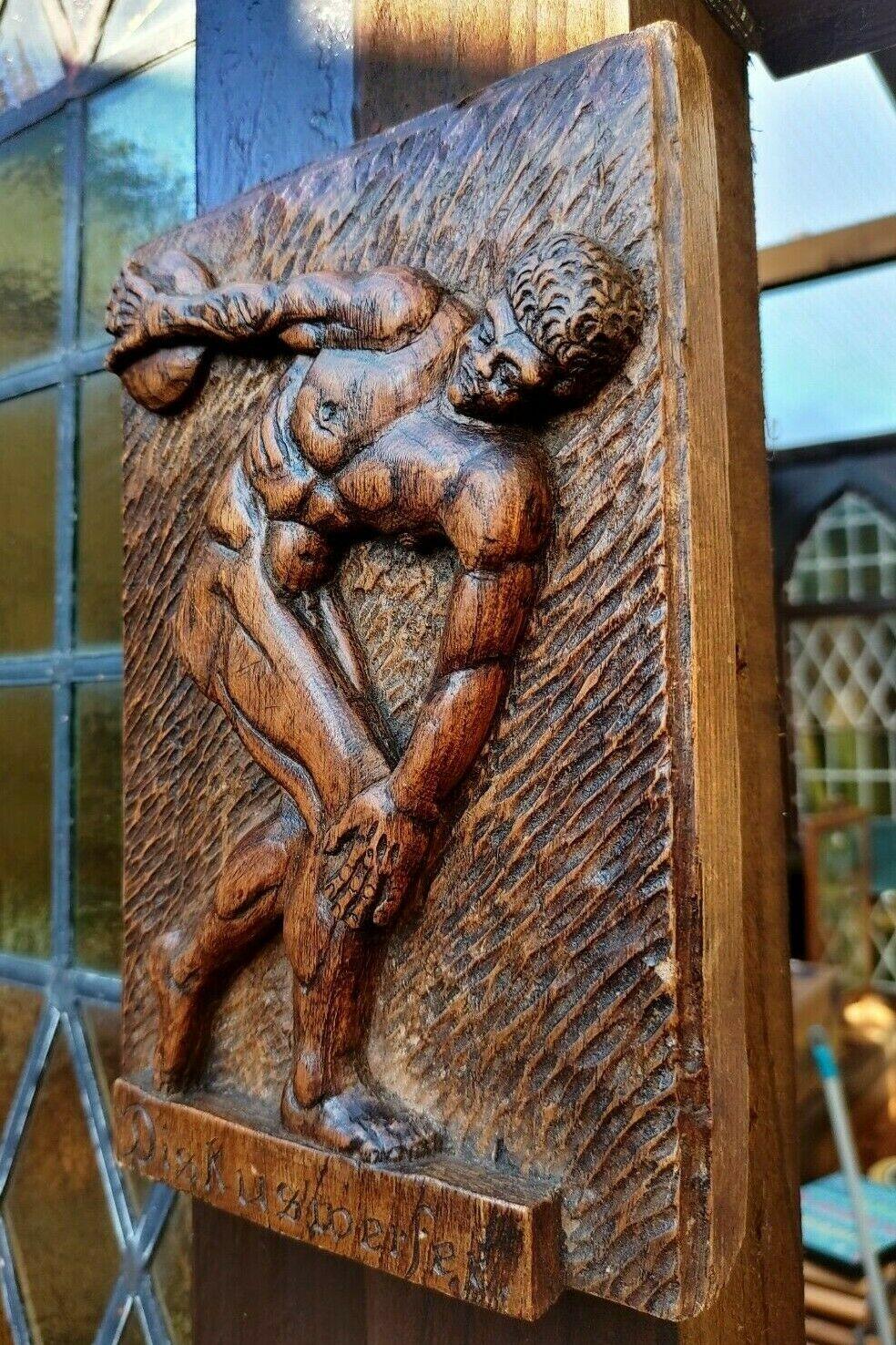 Antique German Carved Oak Classical Grecian Greek Discus Thrower Wood Plaque - Tommy's Treasure
