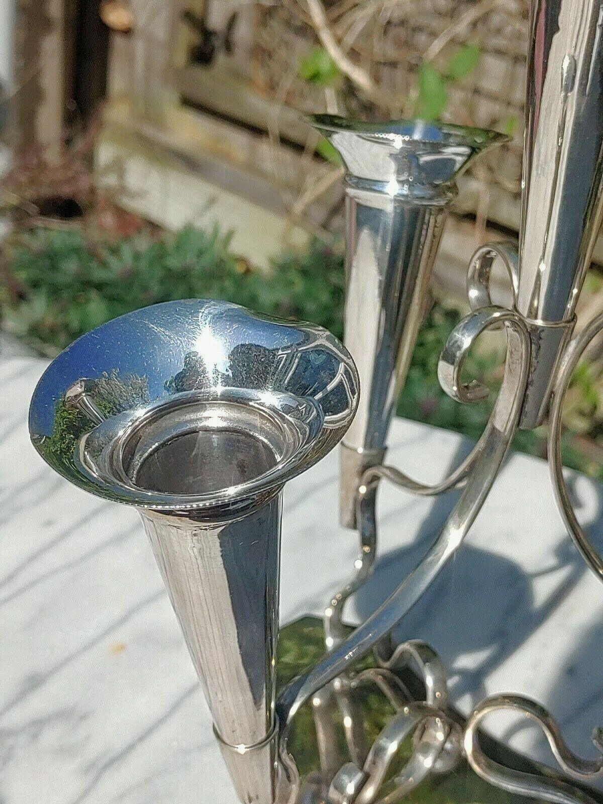 Antique Silver Plate 4 Trumpet Epergne Centerpiece Vase James Deakin Sheffield - Tommy's Treasure