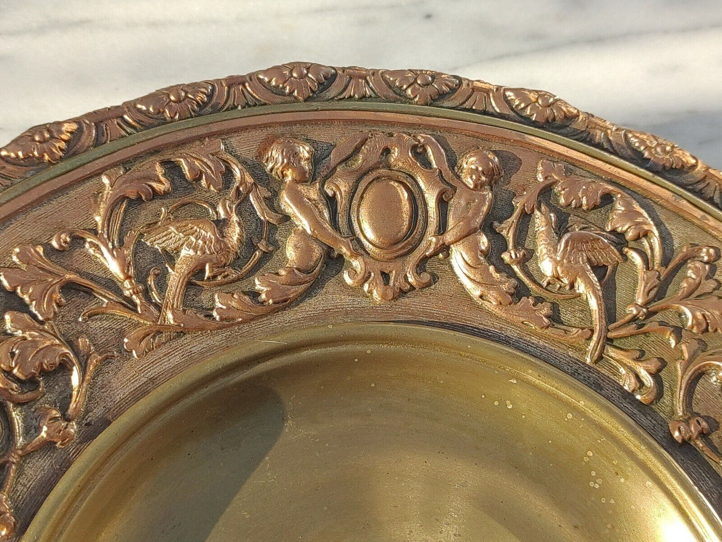 Large 19th Century Ornate Copper & Brass Cherub Antique Inkwell Inkstand