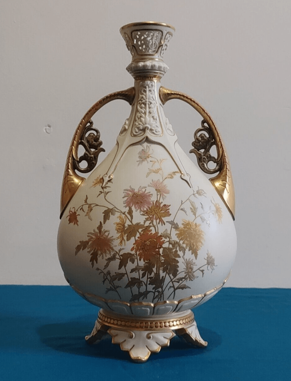 Antique Royal Worcester Twin Handled Ivory Vase Hand Gilded & Painted Porcelain - Tommy's Treasure